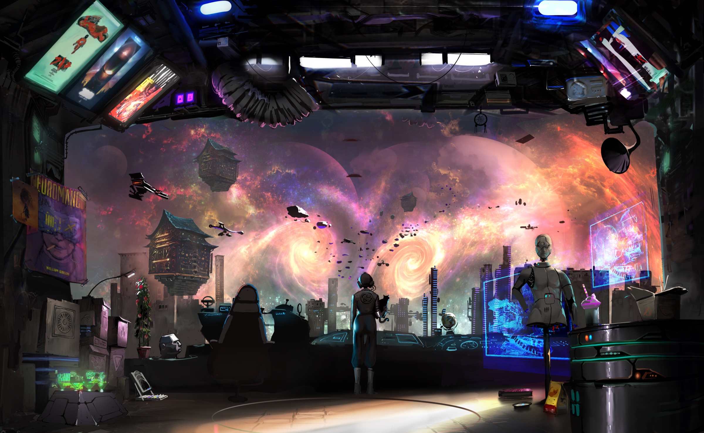 A futuristic city looking out across the Ninth Arc galaxy